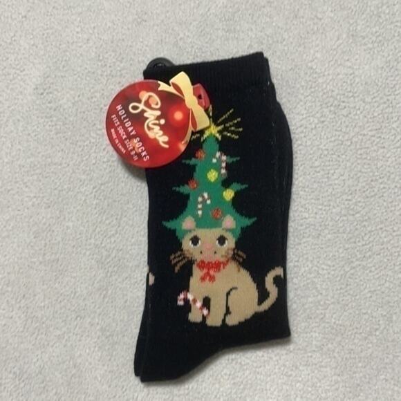 Holiday Socks Cat and Candy Cane Black Crew Length - Picture 5 of 5